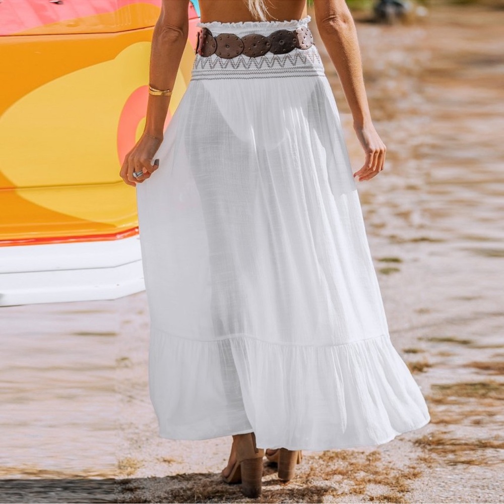 Women's White Smocked Waist Flounce Hem Cover-Up Maxi Skirt - Cupshe-S-White - Picture 4 of 7